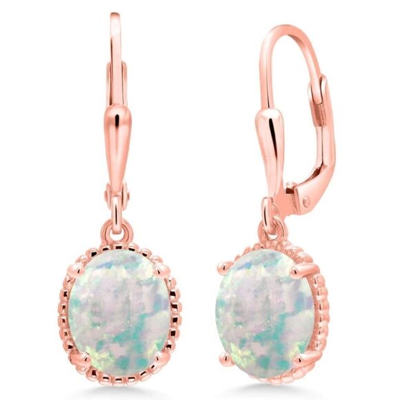 18K Rose Gold 925 with 2.00 Cttw White Opal Oval Leverback Hook Earrings